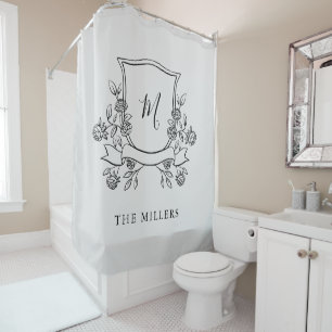 Elegant Floral Crest Monogram and Name Shower Curtain