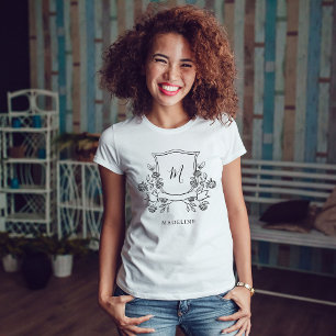 Elegant Floral Crest Monogram and Name T-Shirt