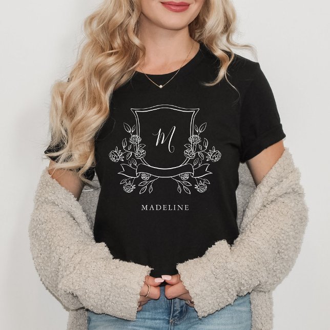 Elegant Floral Crest | Monogram and Name T-Shirt (An elegant floral crest with your monogram decorates this stylish t-shirt)