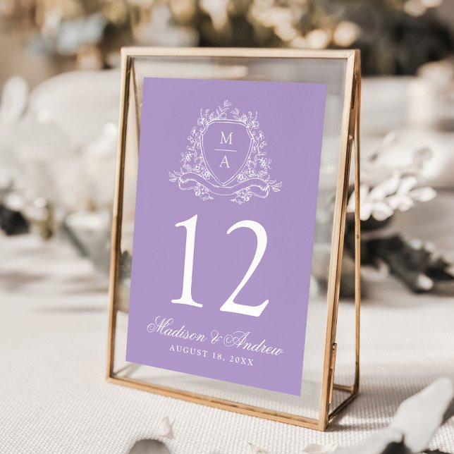 Elegant Floral Crest Monogram Lavender Wedding Table Number (Creator Uploaded)