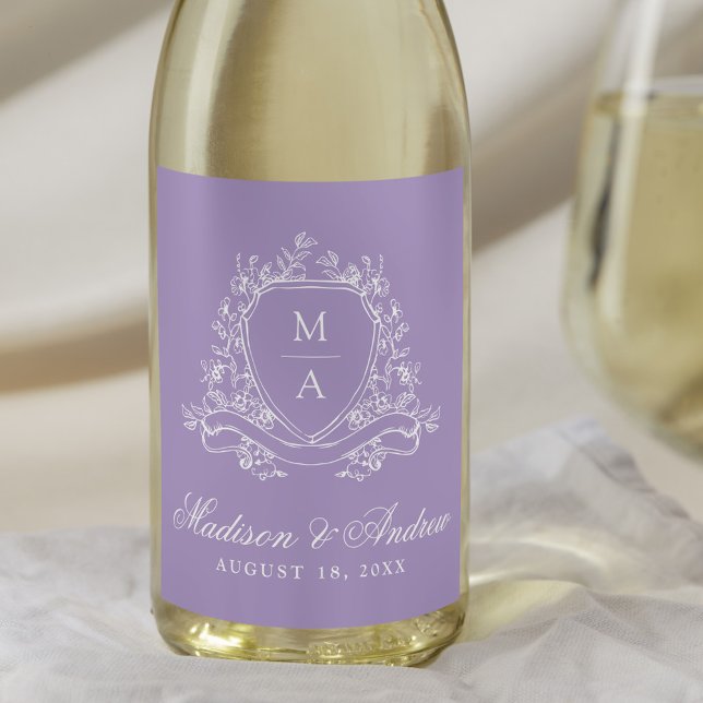 Elegant Floral Crest Monogram Lavender Wedding Wine Label (Creator Uploaded)