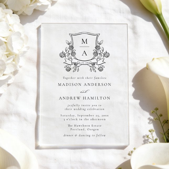 Elegant Floral Crest Monogram Wedding Acrylic Invitations (Creator Uploaded)