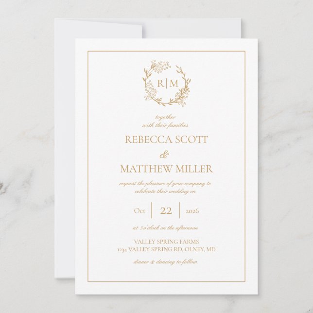 Elegant Floral Crest Monogram Wedding Invitation (Front)