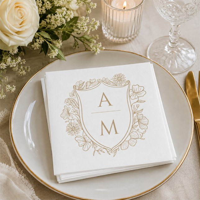 Elegant Floral Crest Monogram Wedding Napkin (Elegant Floral Crest Monogram Wedding Napkins)