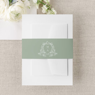 Elegant Floral Crest Sage Green Monogram Wedding Invitation Belly Band