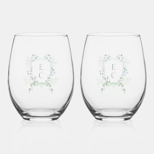 Elegant Floral Crest Wedding Drinkware Set Stemless Wine Glass