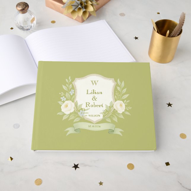 Elegant Floral Crest Wedding Guest Book (Front Open)