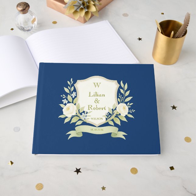 Elegant Floral Crest Wedding Guest Book (Front Open)