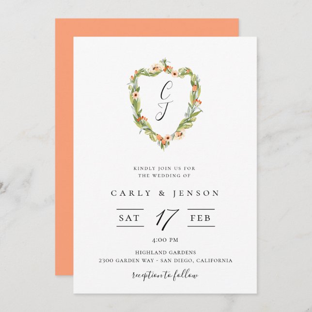 Elegant Floral Crest Wedding Invitation (Front/Back)
