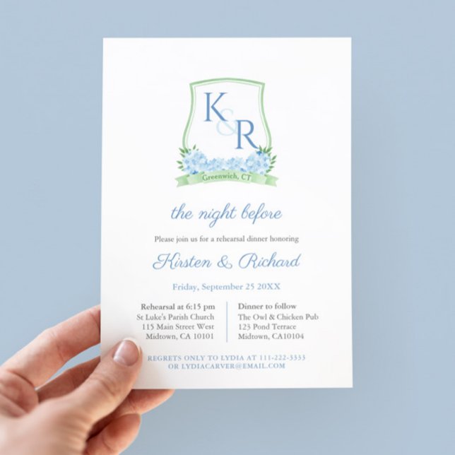 Elegant Floral Crest Wedding Rehearsal Invitation (Watercolor Green And Blue Monogram Crest Wedding Rehearsal Dinner invitation mockup)
