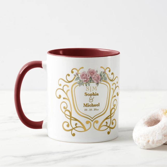 Elegant Floral Crest with Gold Initials Monogram Mug (With Donut)