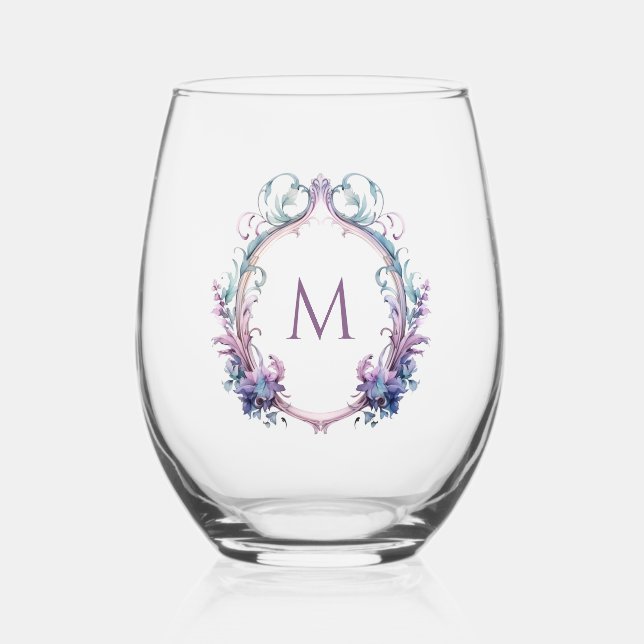 Elegant Floral Crest with Your Monogram Initial Stemless Wine Glass (Front)