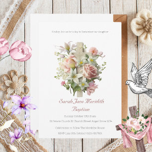 Elegant Floral Cross Baptism   Invitation
