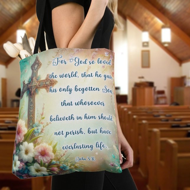 Elegant Floral Cross Christian Scripture Easter Tote Bag (Creator Uploaded)
