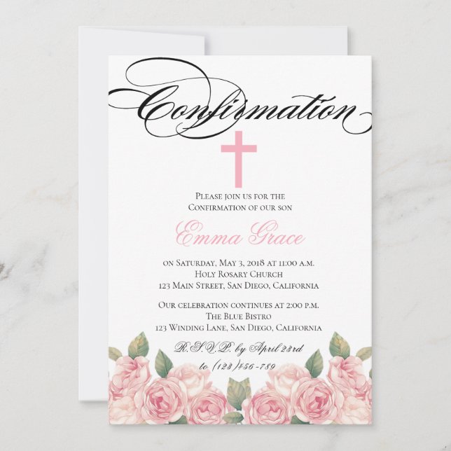 Elegant Floral Cross Confirmation Invitation (Front)