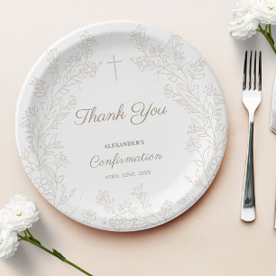 Elegant Floral Cross Confirmation Thank You Paper Plate
