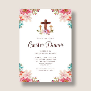 Elegant Floral Cross Easter Dinner Invitation