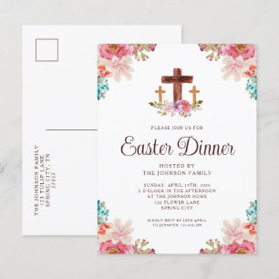 Elegant Floral Cross Easter Dinner  Invitation Postcard