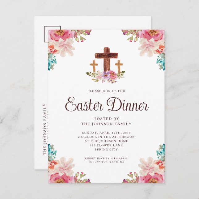 Elegant Floral Cross Easter Dinner  Invitation Postcard (Front/Back)
