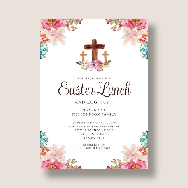 Elegant Floral Cross Easter Lunch  Invitation (Elegant Floral Cross Easter Lunch Invitation)