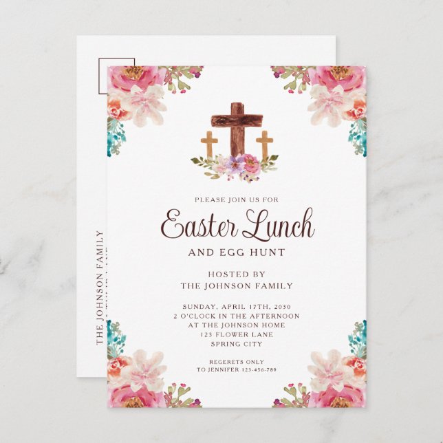 Elegant Floral Cross Easter Lunch Invitation Postcard (Front/Back)