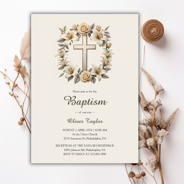 Elegant Floral Cross Gender Neutral Baptism  Invitation (Classic Gender Neutral Baptism Invitation with Modern Floral Cross Design)