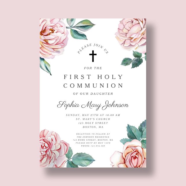 Elegant Floral Cross Girl First Communion Invitation (Elegant Floral Cross Girl First Communion Invitation)