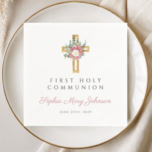 Elegant Floral Cross Girl First Communion Napkin