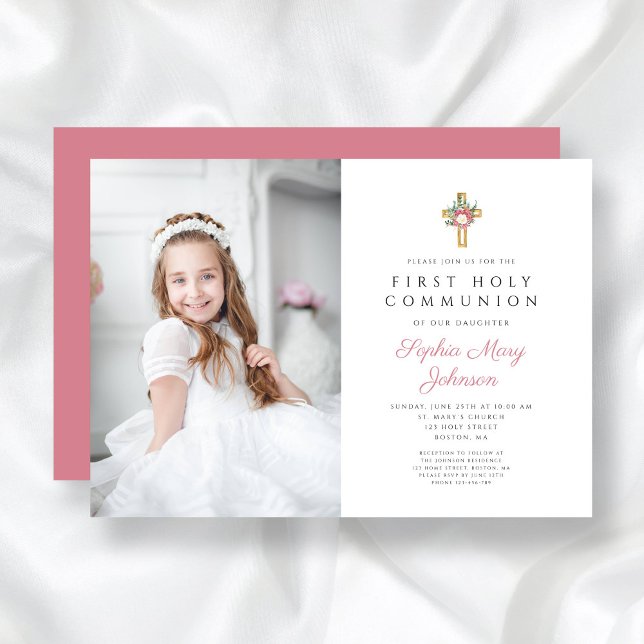 Elegant Floral Cross Girl First Communion Photo Invitation (Elegant Floral Cross Girl First Communion Photo Invitation)