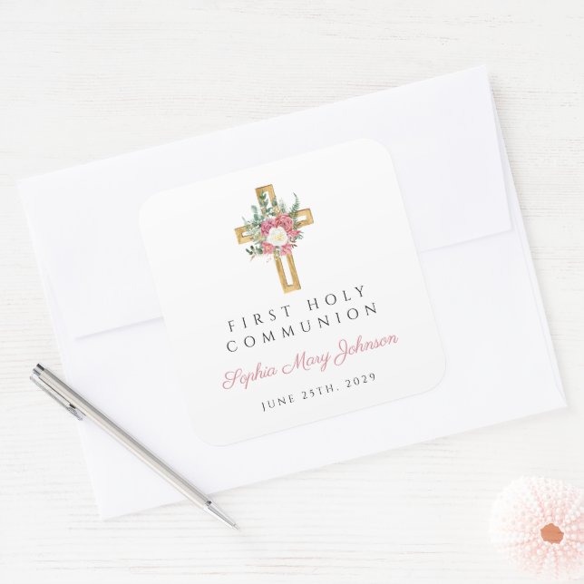 Elegant Floral Cross Girl First Communion Square Sticker (Envelope)