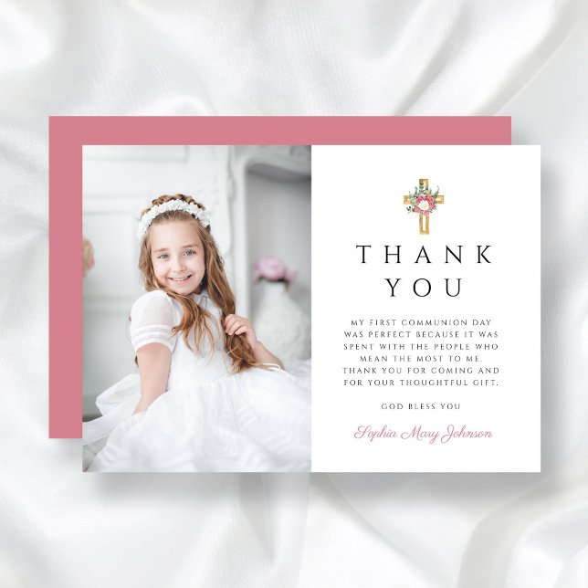 Elegant Floral Cross Girl First Communion  Thank You Card (Elegant Floral Cross Girl First Communion Thank You Card)