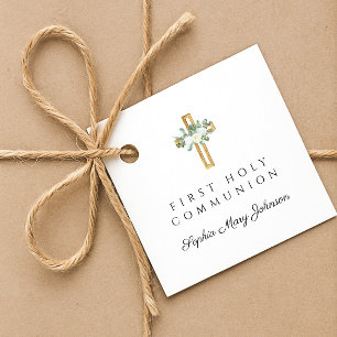 Elegant Floral Cross Girl First Holy Communion Favour Tags