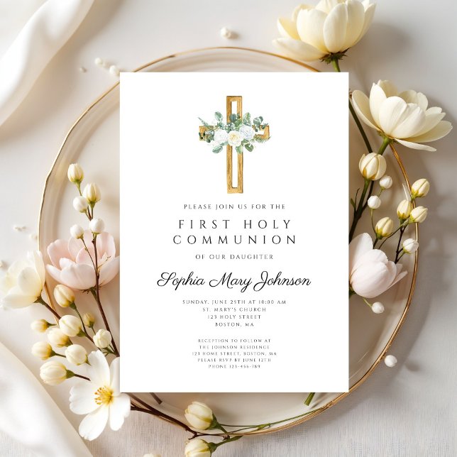 Elegant Floral Cross Girl First Holy Communion Invitation (Creator Uploaded)