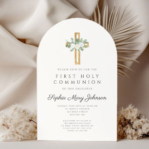 Elegant Floral Cross Girl First Holy Communion Invitation