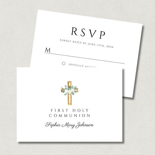 Elegant Floral Cross Girl First Holy Communion RSVP Card (Elegant Floral Cross Girl First Holy Communion RSVP Card)