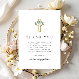 Elegant Floral Cross Girl First Holy Communion Thank You Card