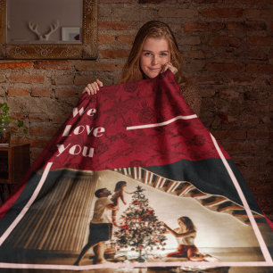 Elegant Floral Custom Family Photo Text Red Fleece Blanket