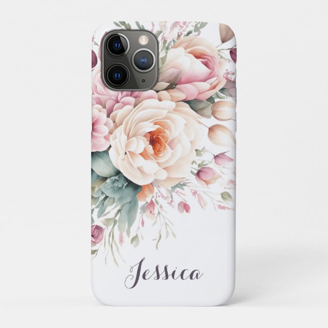 Elegant Floral Custom Name Modern Case-Mate iPhone Case (Back)