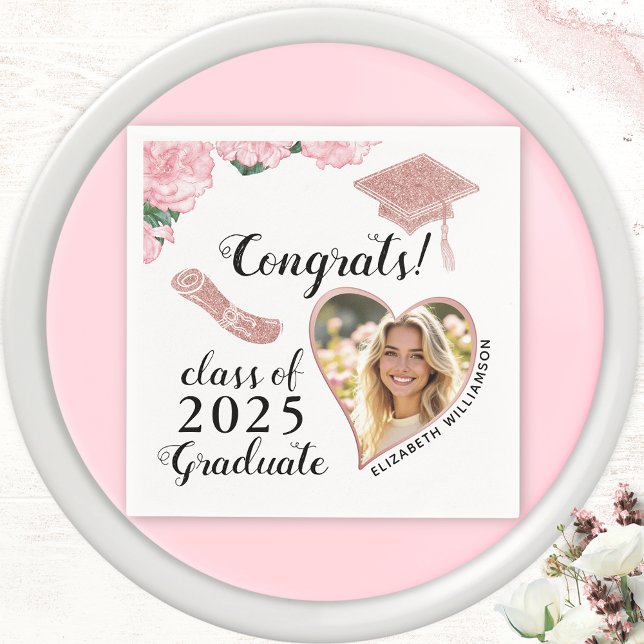 Elegant Floral Custom Photo Class 2025 Graduation Napkin (Creator Uploaded)