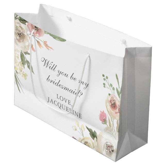 Elegant Floral Custom Will You be My Bridesmaid Large Gift Bag (Front Angled)