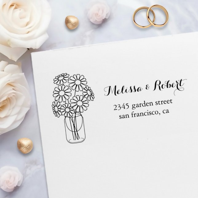 Elegant Floral Daisies Mason Jar Wedding Self-inking Stamp (Creator Uploaded)