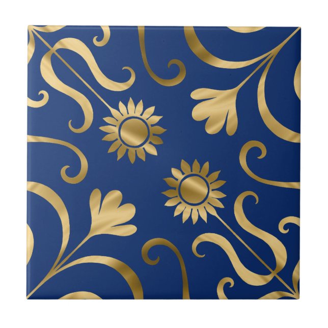   Elegant Floral Damask Navy Blue & Gold Sunflower Ceramic Tile (Front)