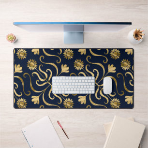  Elegant Floral Damask Navy Blue & Gold Sunflower  Desk Mat