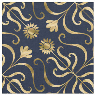  Elegant Floral Damask Navy Blue & Gold Sunflower  Fabric