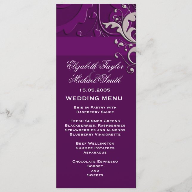 Elegant Floral Damask Purple Wedding Menu (Front)