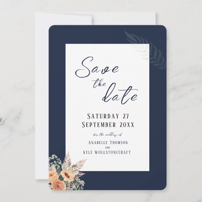 Elegant floral dark blue Save the Date flat card (Front)