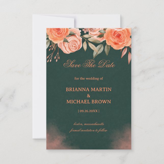 Elegant Floral Dark Green Save The Date (Front)