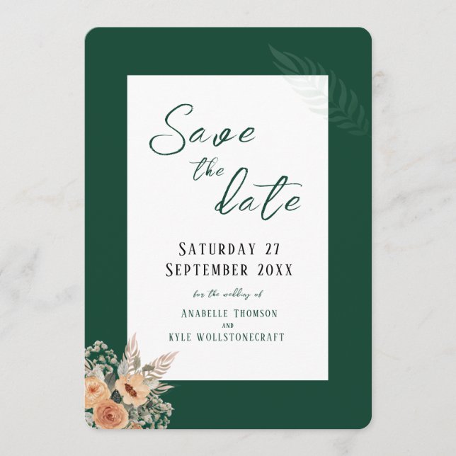 Elegant floral dark green Save the Date flat card (Front)