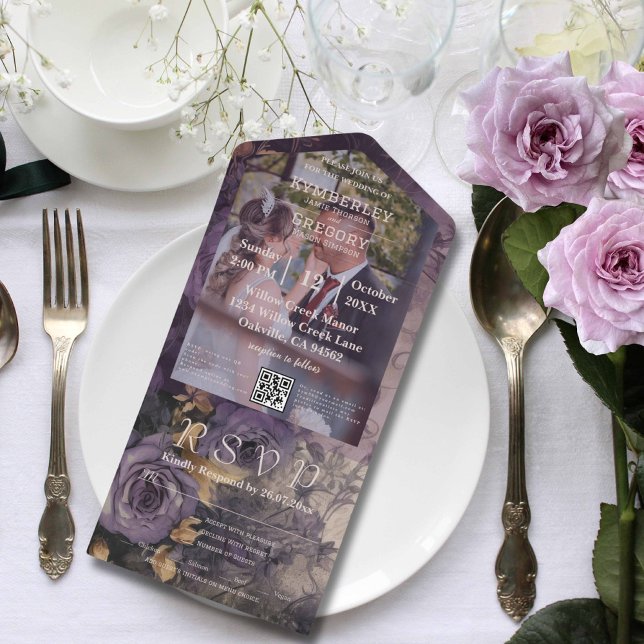 Elegant Floral Dark Plum Purple Rose Photo QR Code All In One Invitation (Creator Uploaded)