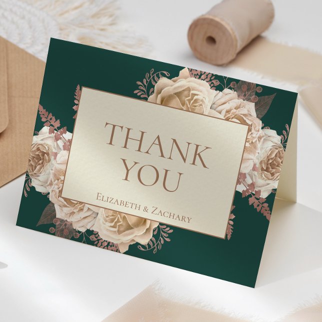 Elegant Floral Dark Teal Rose Gold Ivory Wedding Thank You Card (Creator Uploaded)